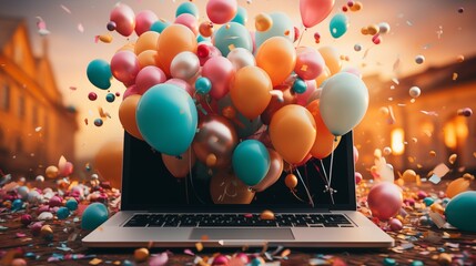 Photo of a laptop surrounded by colorful balloons and confetti, perfect for celebrating a special occasion with copy space