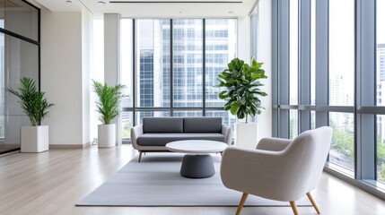 Fototapeta premium A large open room with a couch, a coffee table, and two chairs. The room has a modern and minimalist design, with a large window that lets in plenty of natural light