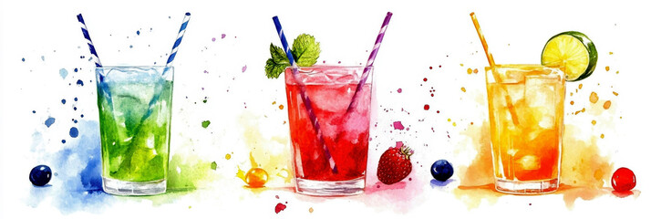 Green, red and yellow cocktails with paper straws, mint and lemon on a white background. Watercolor illustration. Fruit drinks. Drinking Straw Day. Horizontal banner. Copy space. World cocktail day
