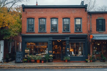 A brick building with a black awning and a sign on the front