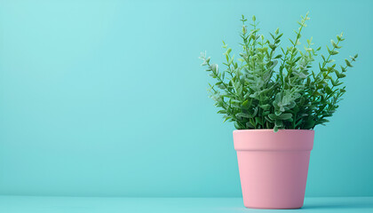 Beautiful artificial plant in flower pot on color background, space for text