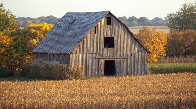 A photo of an old rustic barn in a field, 50 keywords