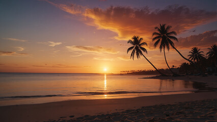 A wide-angle shot of a beach at sunset, with the sun dipping below the horizon and palm trees silhouetted against the colorful sky
