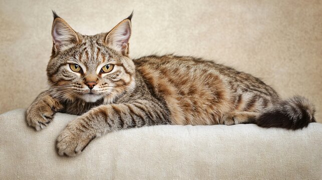 A Highlander cat with distinctive folded ears lounging gracefully on a soft cushion, showcasing its unique fur patterns against a light solid color background