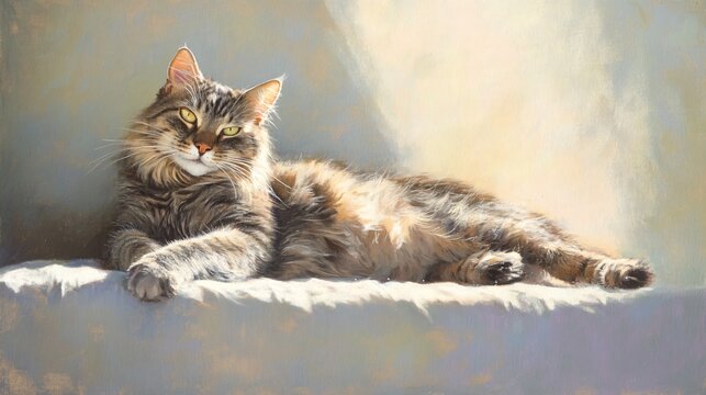 A Hemingway cat lounging in a sunbeam, with its distinctive features highlighted against a soft pastel backdrop, embodying a sense of calm and warmth
