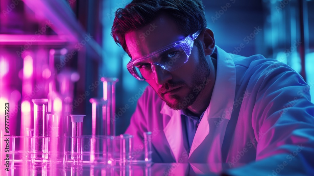 Poster scientist working in a laboratory.