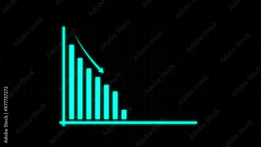Poster cyan color down business graph icon animation on background. bad economy recession graph chart chalk