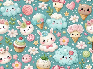 Fototapeta premium Whimsical pastel-hued background featuring adorable cartoon creatures, fluffy clouds, and sweet treats amidst swirling
