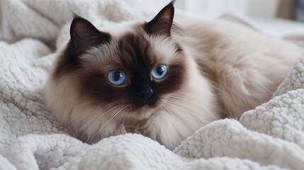 A fluffy Himalayan cat lounging on a soft blanket, showcasing its striking blue eyes and creamy fur, with a light solid color background