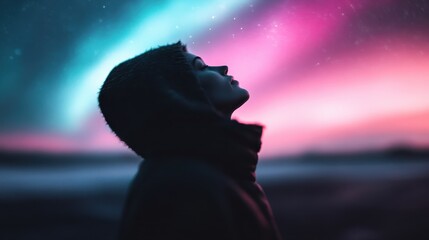A person dressed warmly is gazing towards a stunning night sky bathed in blue and pink hues, inspiring awe and a sense of wonder amidst a tranquil setting.