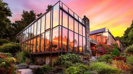 Obraz premium Stunning contemporary suburban house featuring large glass windows and a beautiful garden at dusk