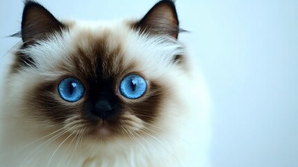 A close-up of a Himalayan cat's face, highlighting its unique features and vibrant blue eyes against a plain pastel background
