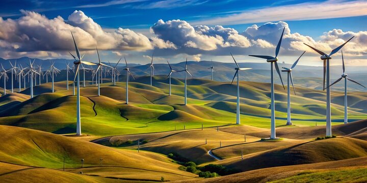 Windy day at Altamont Pass Wind Farm in California, rows of towering turbines spinning in unison, generating clean