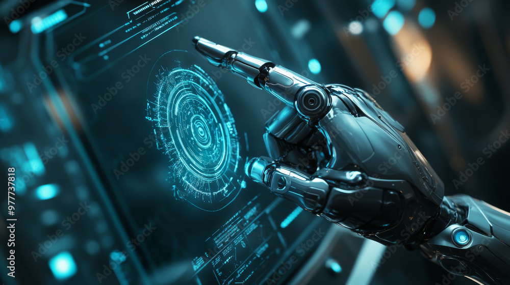 Poster a robot mechanical arm or hand is pressing an index finger on a button within a virtual holographic 