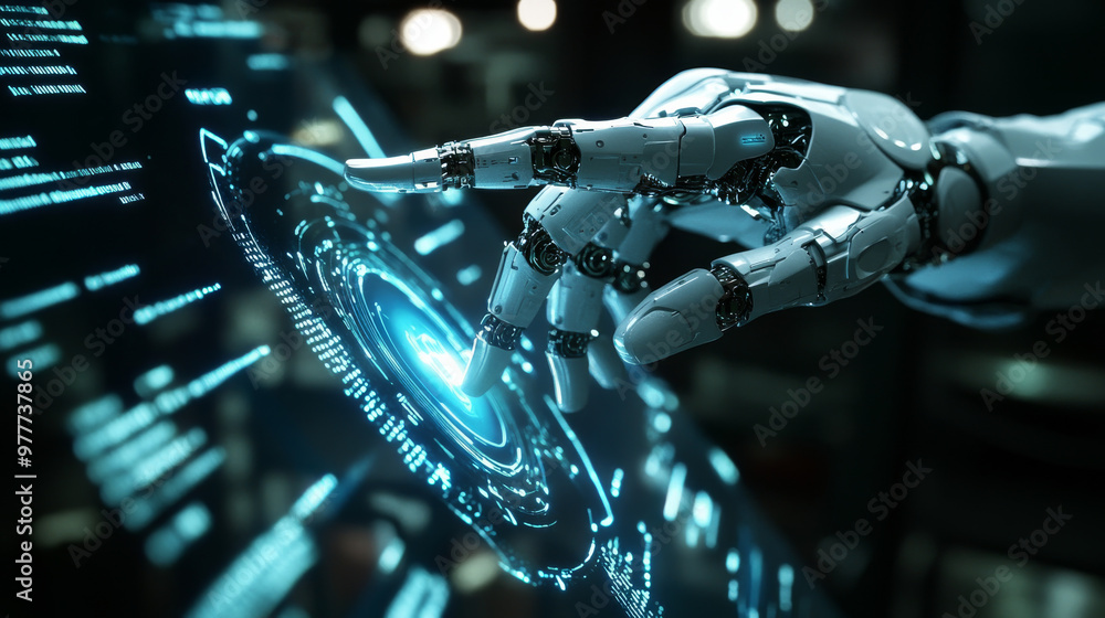 Poster a robot mechanical arm or hand is pressing an index finger on a button within a virtual holographic 