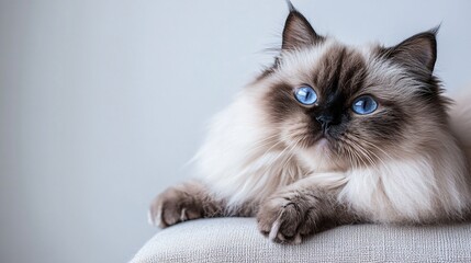 A fluffy Himalayan cat lounging on a soft cushion, showcasing its striking blue eyes and long fur against a light solid color background