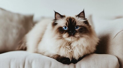 A fluffy Himalayan cat lounging on a soft cushion, showcasing its striking blue eyes and long fur against a light solid color background