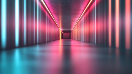 A futuristic image featuring a long corridor illuminated by vibrant neon light stripes, creating a mesmerizing perspective that symbolizes innovation and the digital age.