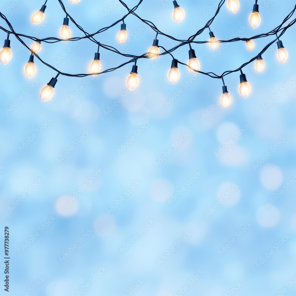 Poster delicate string lights illuminate a soft blue background, creating a serene and festive ambiance per