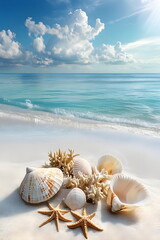 Various seashells placed on white sandy beach with a blue sea as a backdrop, conveys natural beauty and connection to the sea. It can be used in works that wish to convey sense of relaxation, travel