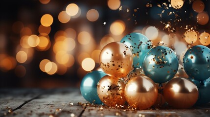 Realistic background with golden and blue balloons falling confetti blurry background and a bokeh lights.