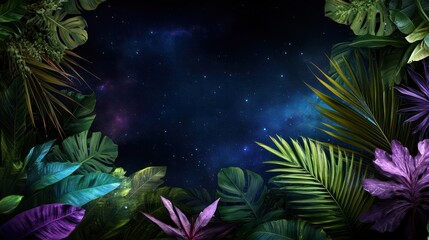 A colorful jungle scene with a starry sky in the background. The sky is filled with stars and the...