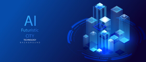 Futuristic ai virtual smart city background. Future urban architecture neon light buildings vector. Cityscape technology concept. Digital high tech city design banner.