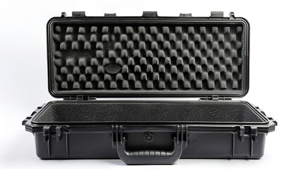 Open black plastic case with foam inside. Weapon case isolate on white background