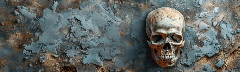 Fototapeta premium Skull hanging on a wall with rust, banner, copy space
