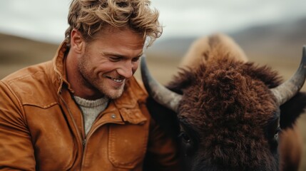 A man dressed in a brown jacket and a beige sweater is sitting next to a large buffalo in an open landscape, symbolizing harmony with nature.
