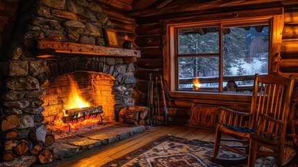 A photo of a cozy fireplace in a cabin, 50 keywords