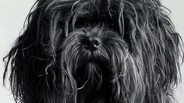 Very shaggy black Puli dog breed showcases a unique scruffy coat and bright eyes. Its charming demeanor captures attention effortlessly.