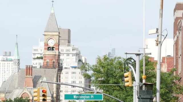 New York City street. Manhattan Greenwich village landmark, United States. Jefferson Market Library building architecture, Courthouse clock tower, 6 sixth Americas avenue, USA. Washington Pl road sign