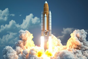 A rocket taking off from a launchpad with detailed flames and smoke effects, realistic space mission, isolated on white background