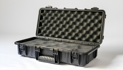 Open black plastic case with foam inside. Weapon case isolate on white background