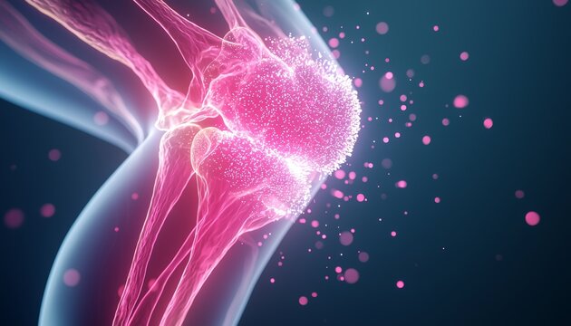 A visual representation of cartilage regeneration inside the knee joint after orthopedic gel injections, with glowing particles symbolizing healing