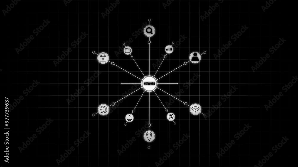 Poster growing network icons transferring data animation on black background. internet, business, technolog