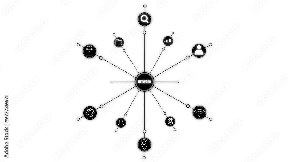Poster growing network icons transferring data animation on black background. internet, business, technolog