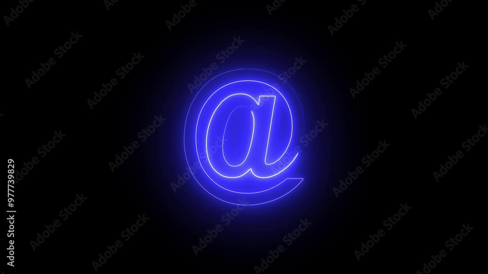 Poster blue color at-sign internet technology symbol with neon glowing animation on black background. e-mai