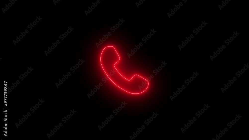 Poster red color glowing neon calling icon animation on black background. glowing neon line telephone call 