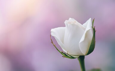 Generative-AI, Tender White Rosebud with Soft Petals Just Starting to Open Against a Serene Background