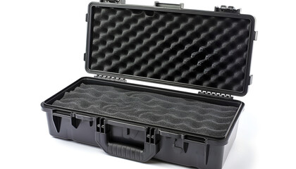 Open black plastic case with foam inside. Weapon case isolate on white background