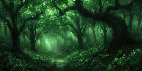 Pilgrims journeying through a mystical forest path at dawn under soft, green light