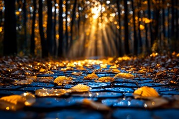 Fototapeta premium Bokeh background with golden sun rays filtering through the trees, casting soft light onto a forest path
