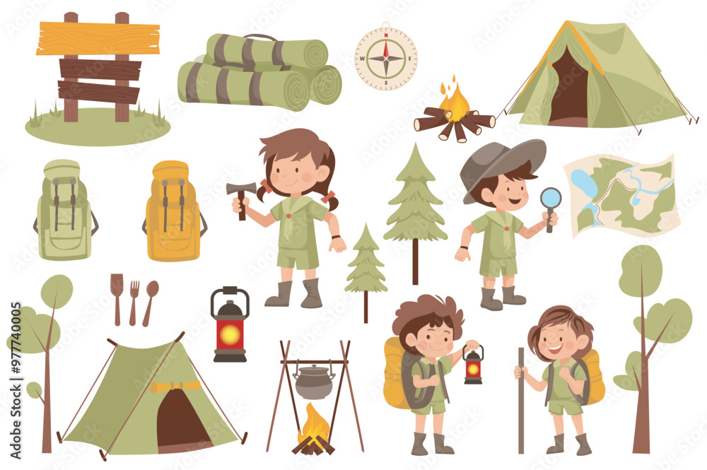 Poster scouts camping set elements in flat graphic design. bundle objects of boys and girls in uniforms, te