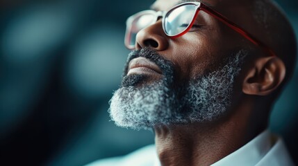 An elderly man with glasses and a greying beard is captured in a side view, against a dark, blurred background, providing a thoughtful and contemplative mood.