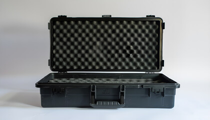 Open black plastic case with foam inside. Weapon case isolate on white background