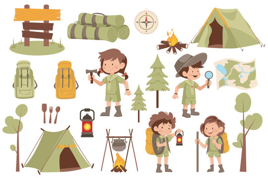 Scouts camping set elements in flat graphic design. Bundle objects of boys and girls in uniforms, tent, compass, campfire, backpacks, trees, lanterns, mats, direction pointers. Vector illustration.