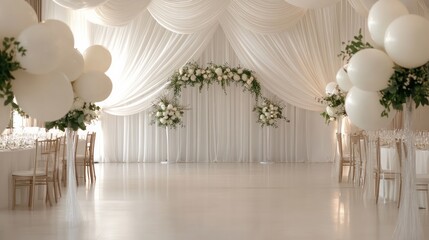 A large room with white walls and white balloons. The balloons are arranged in a way that creates a sense of elegance and sophistication. The room is decorated with white curtains and a white arch