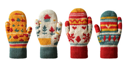 Cozy wool mittens with winter patterns, colorful knitted gloves